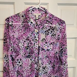 Dana Buchman Pink Lavender Leopard Print 3/4 Button-Down Shirt Long Sleeve